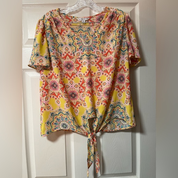 COUNTERPARTS Bright Boho Print Vneck High/Low Front Tie Shirt Size Medium - Picture 2 of 8
